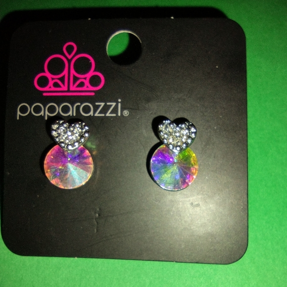 Iridescent Shimmer Rhinestone Earrings with Silver Heart from Paparazzi - Picture 2 of 8